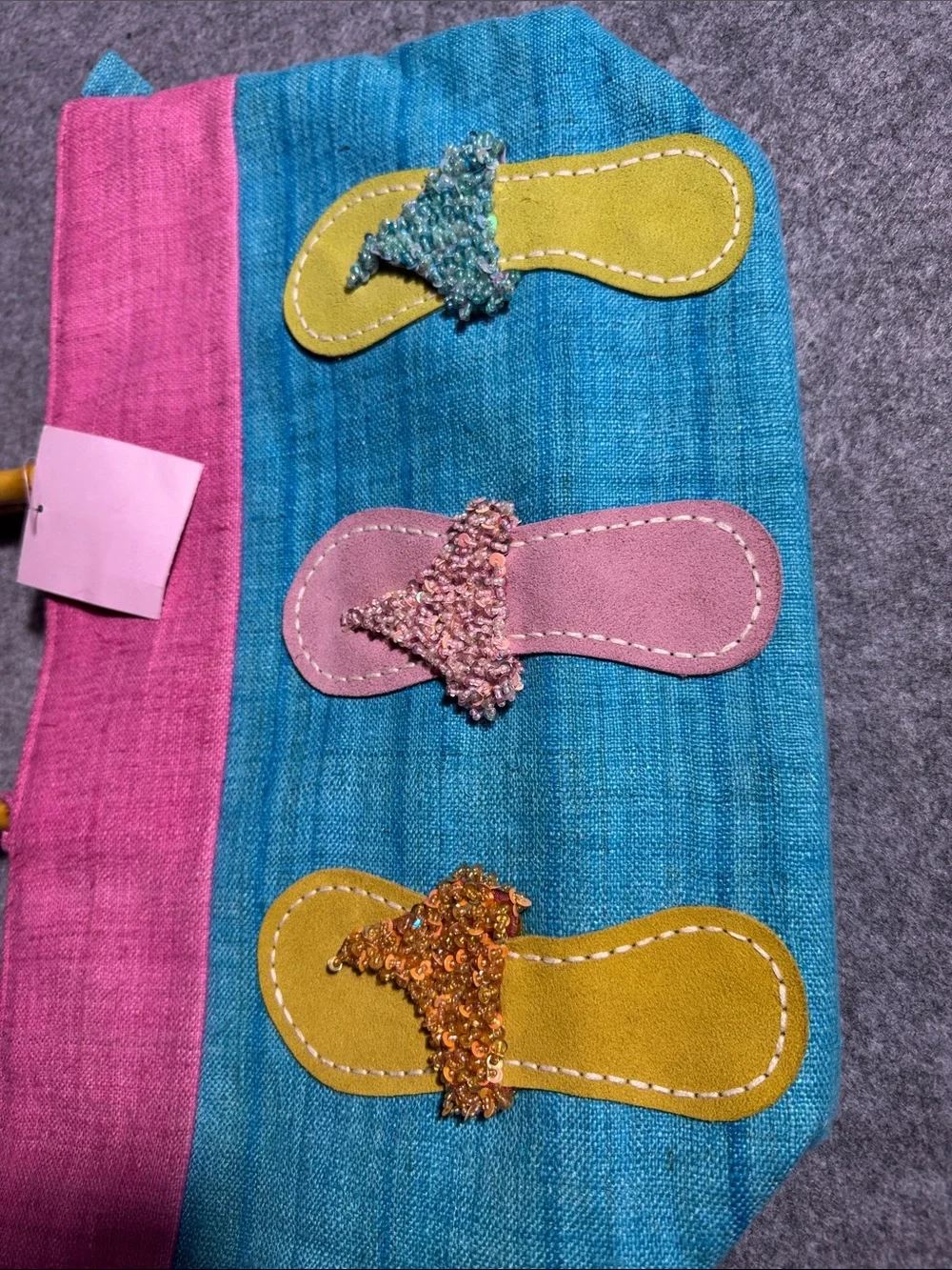 Anna Bui Gallery Handmade Tote Bag Bamboo Handles Flip Flop Appliqué